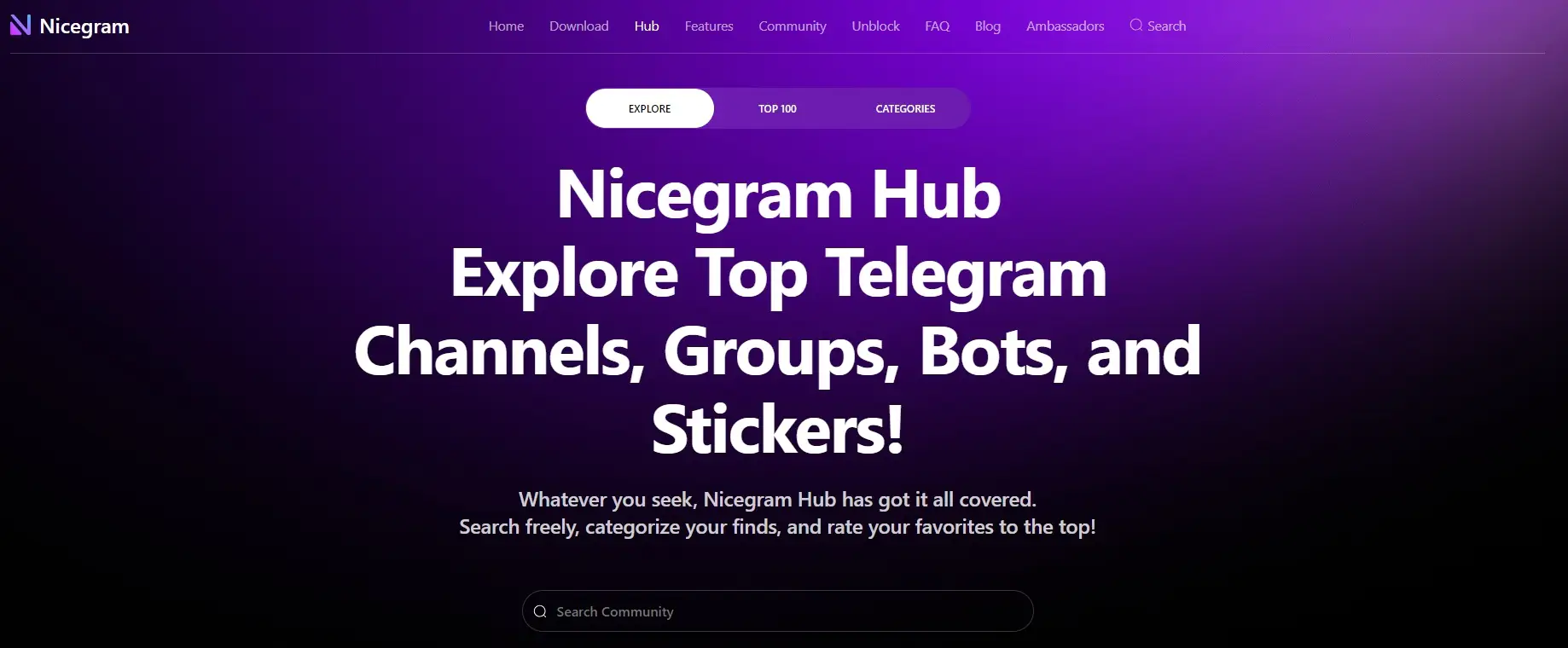 Nicegram Hub’s main page