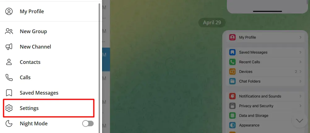 Telegram settings on desktop