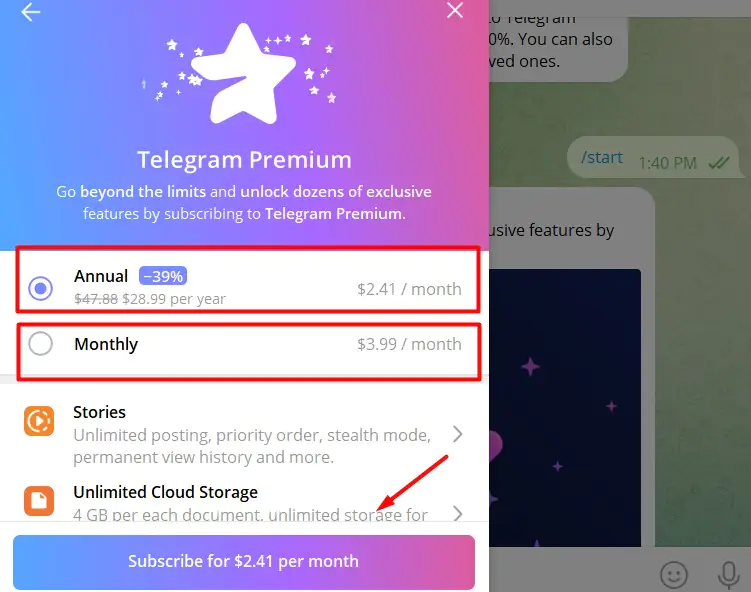 Telegram Premium subscription