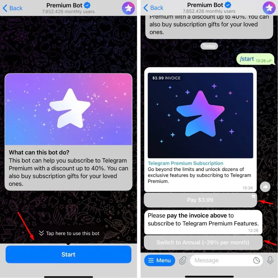 Telegram Premium subscription via bot