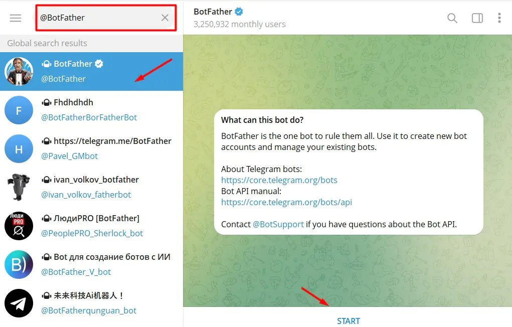 Telegram @BotFather searching