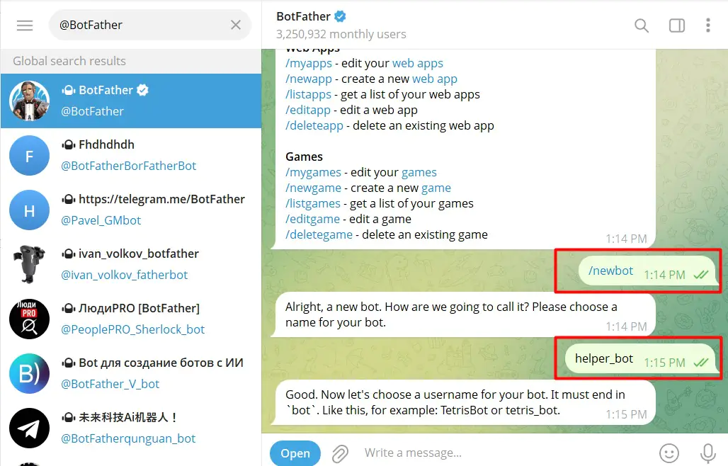 Telegram @BotFather starting