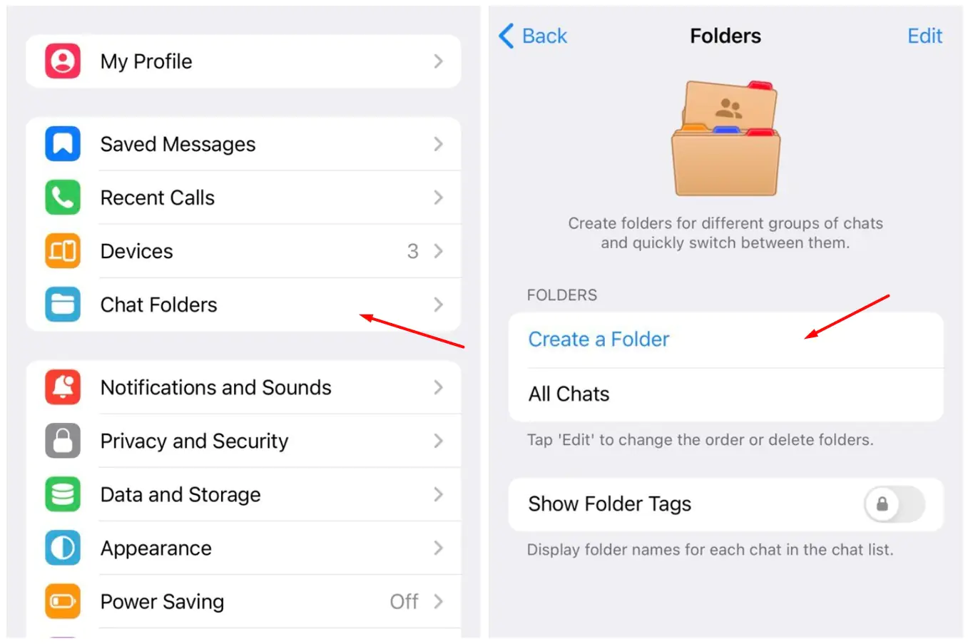 Telegram folders creation on iOS
