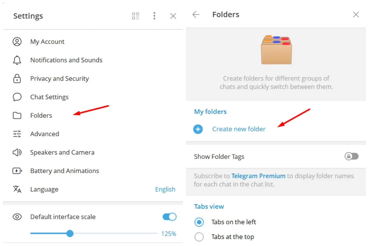 Telegram folders creation on the Desktop app